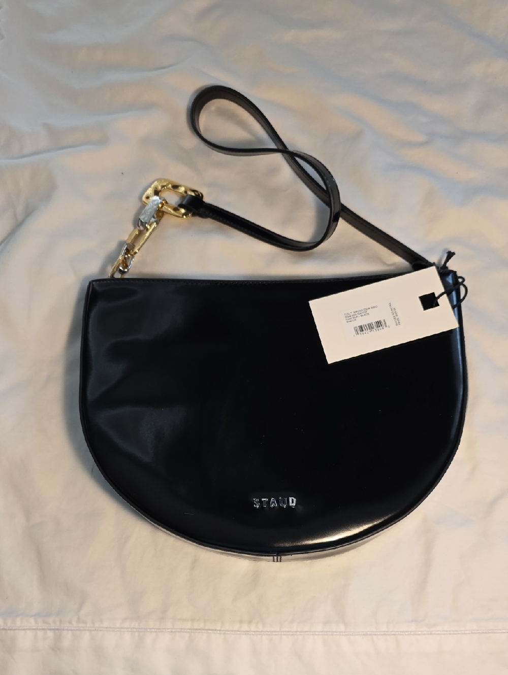 STAUD Black Colt Black Patent Leather Shoulder Bag with Gold Hardware